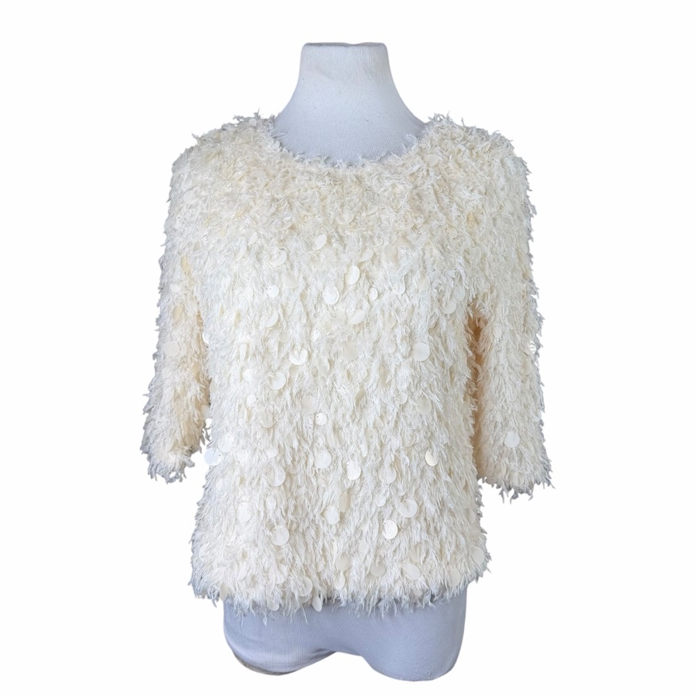 NWT Greige Cream Fuzzy Sequin 3/4 Sleeve Crew Neck Sweater - Size Small